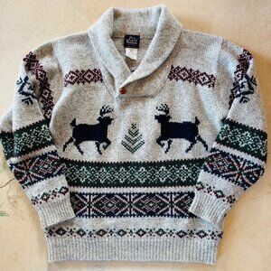Woolrich Mens Fair Isle Deer Reindeer Shawl Collar 100% Wool Sweater XL Grey